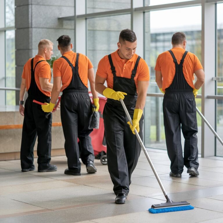 Commercial cleaning crew preparing a customer-facing retail space